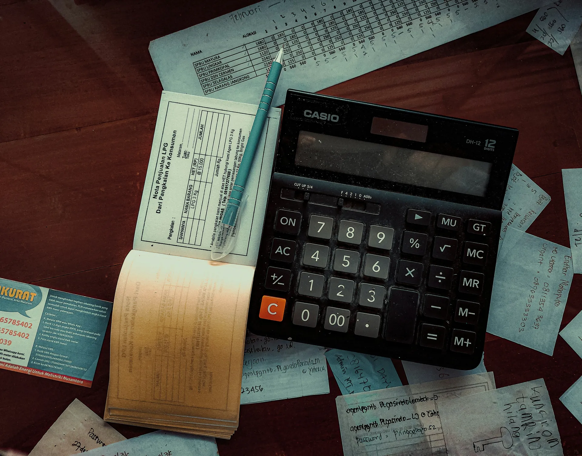 Stylo, calculatrice et cartes 