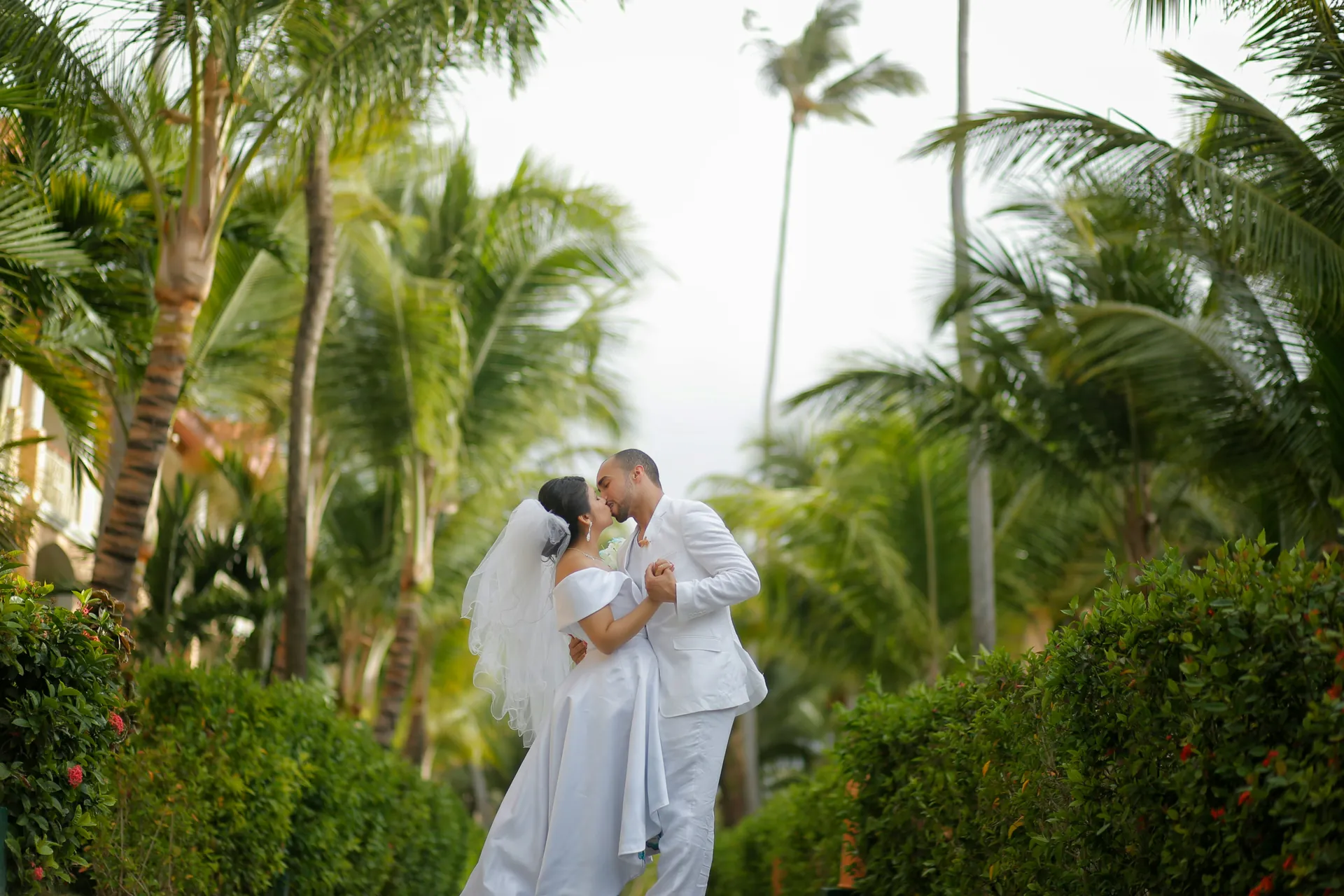 Bride and groom kissing in a lush, tropical garden setting in the Bahamas, surrounded by palm trees, symbolizing a romantic elopement destination.