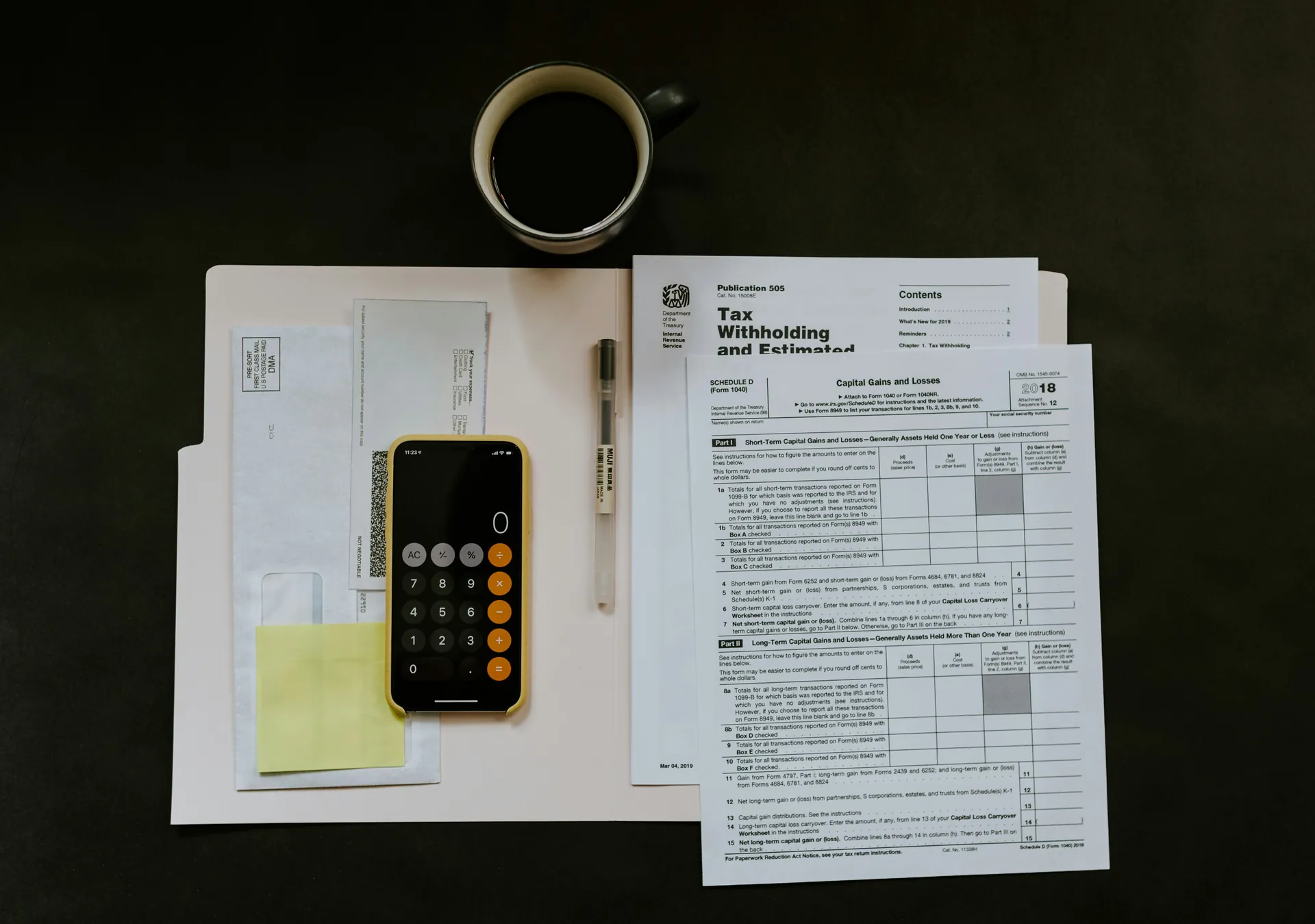café, feuilles, téléphone